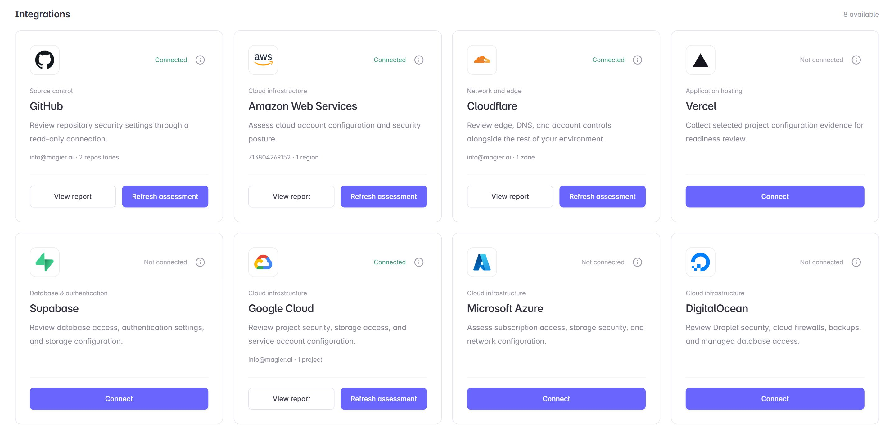 Two rows of integration modules for GitHub, AWS, Cloudflare, Vercel, Supabase, Google Cloud, Azure, and DigitalOcean