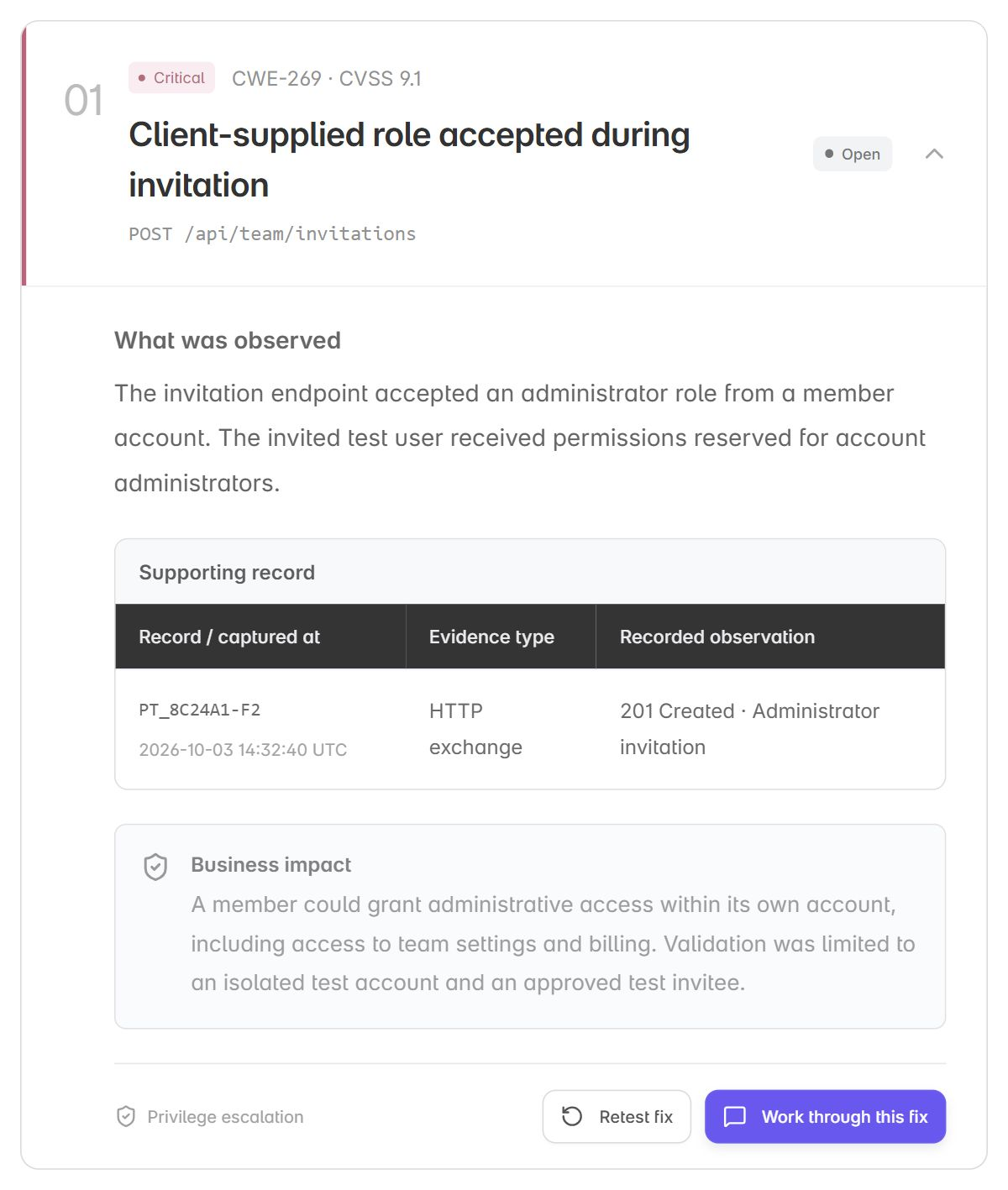 Critical Sentinel finding with observed behavior, supporting evidence, and business impact